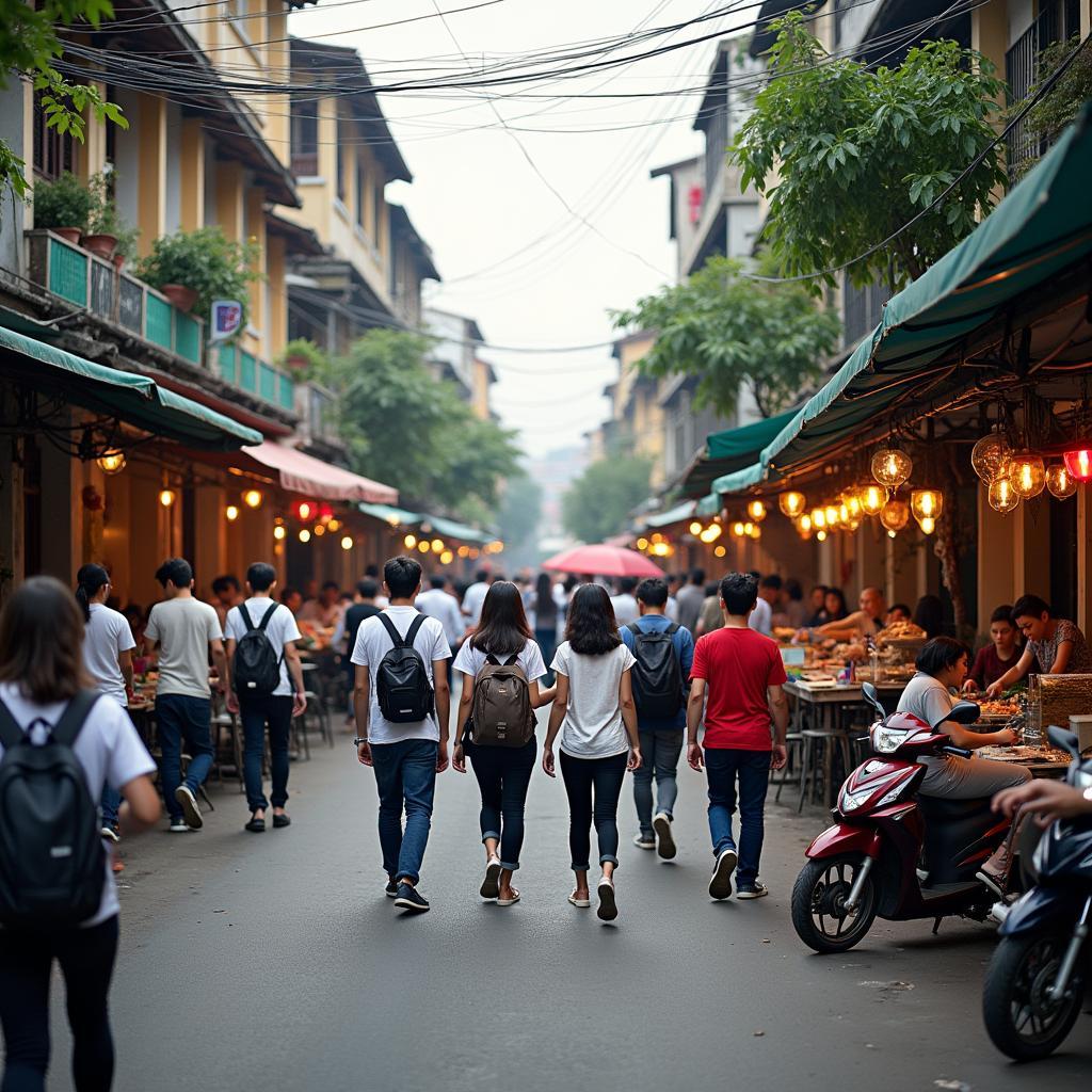 Khung cảnh phố Triều Khúc tấp nập với sinh viên và hàng quán, thể hiện sự sống động của con phố.
